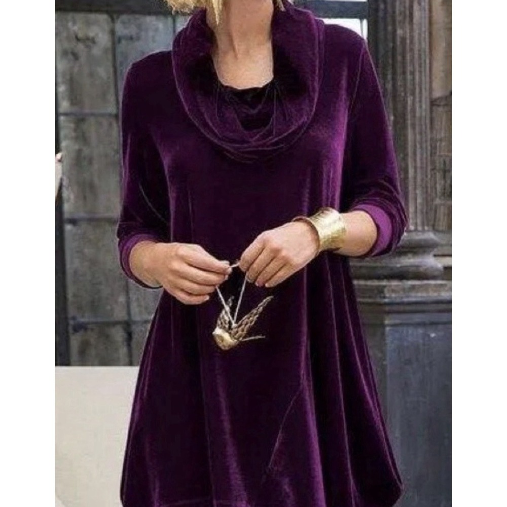 Soft‎ Surroundings Women Velvet Tunic Size XL Purple Cowl Neck Asymmetrical Hem
